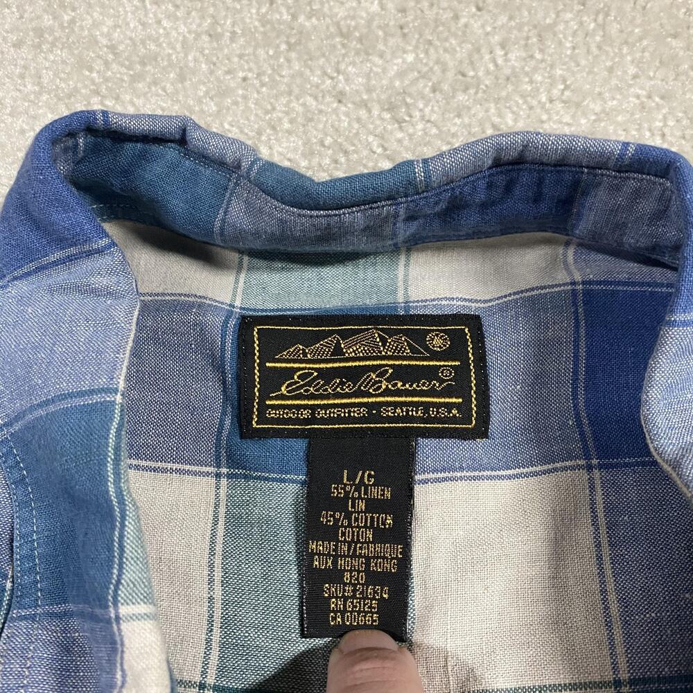 VTG Eddie Bauer Shirt Mens L Blue Green Plaid Linen Button Down 90s Summer - Picture 3 of 7